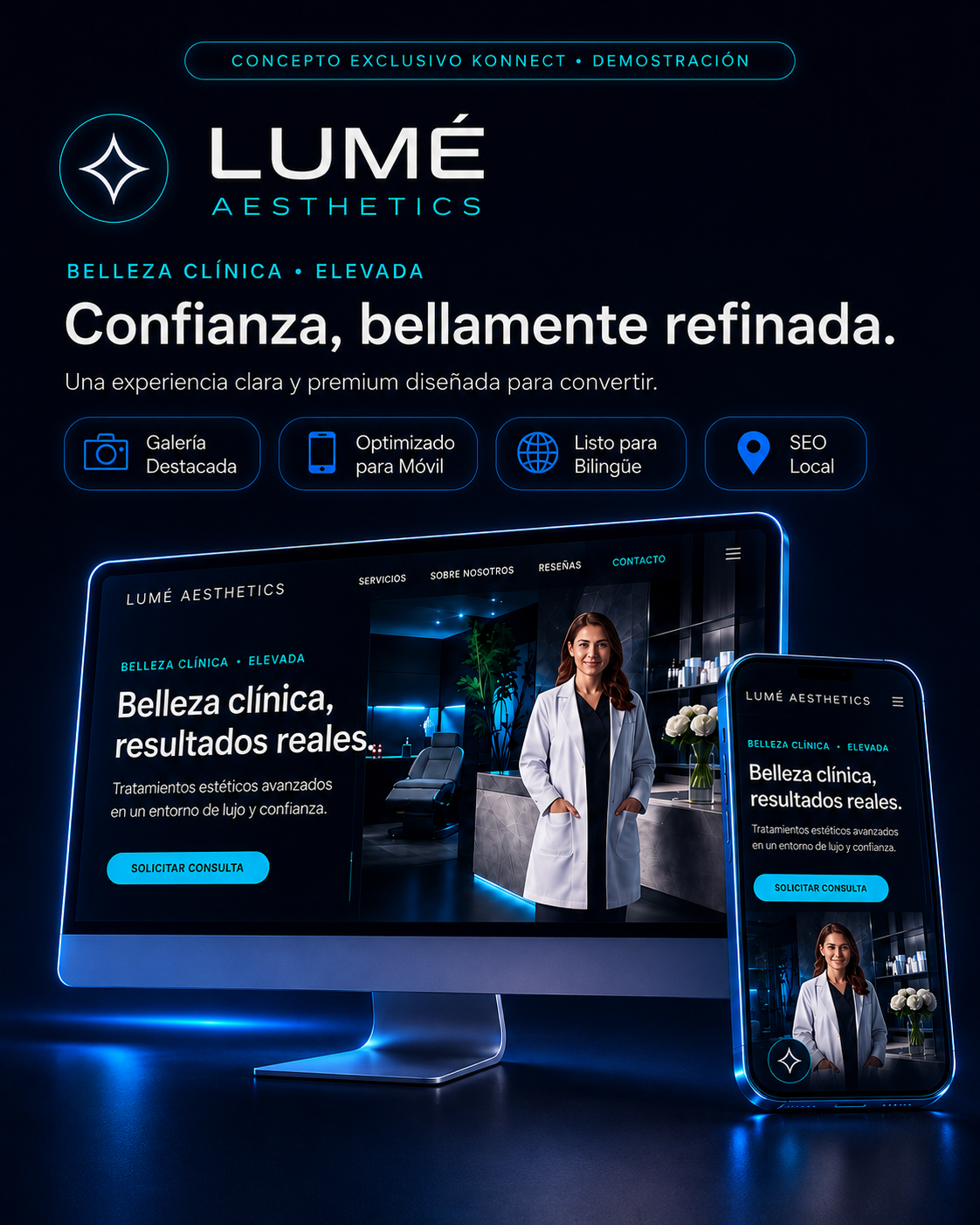 Presentación aprobada de Lumé Aesthetics con una experiencia web coordinada para desktop y móvil.
